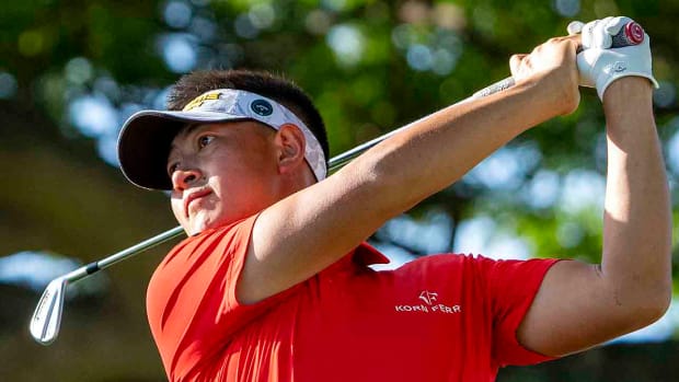 Carl Yuan hits his tee shot on the second hole during the final round of the 2024 Sony Open in Hawaii at Waialae Country Club.